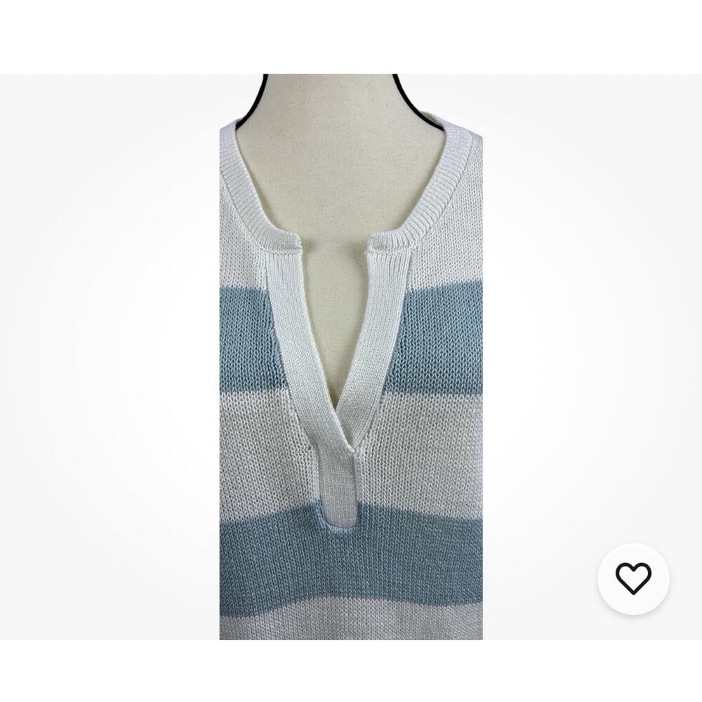 Haven Well Within Sz L Blue Striped V neck Linen, Org Cotton Coastal LS Sweater - Picture 3 of 8